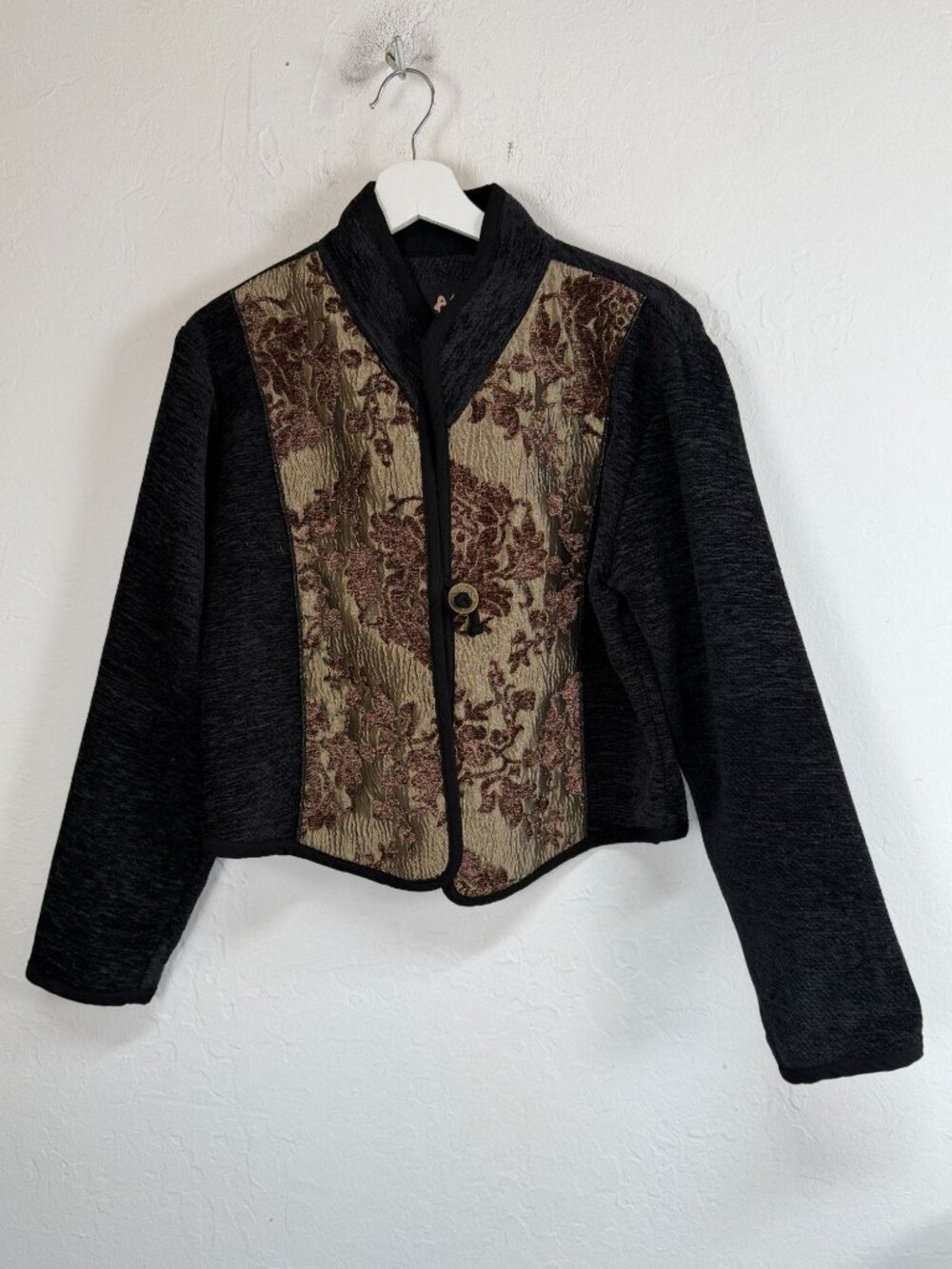 A La Mode Vintage Black Brocade Panel Cropped Jacket Made in USA Size Medium